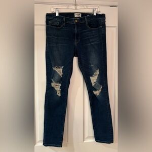 Frame denim Le Garçon distressed dark wash jeans.  inseam 30/10 in rise